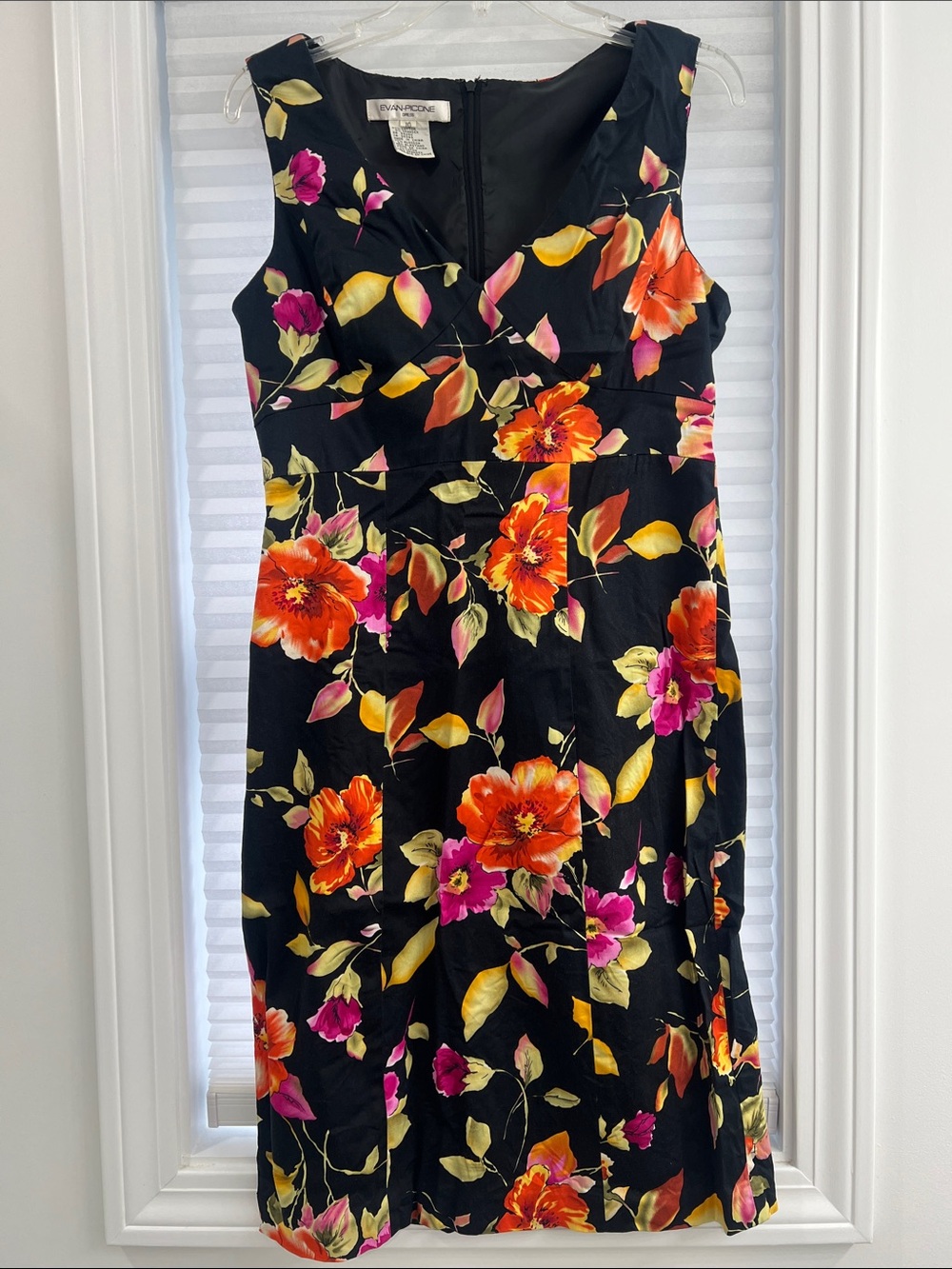 Evan Picone Black Midi Dress with Orange & Pink Floral Print